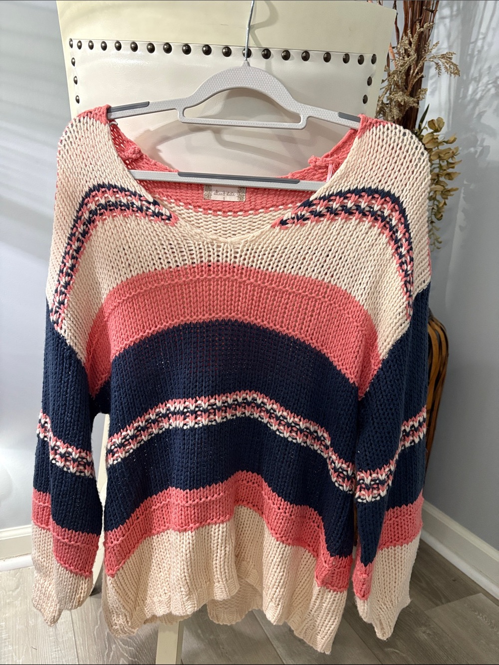 Altar'd State Coral Navy Cream Striped V-Neck Sweater